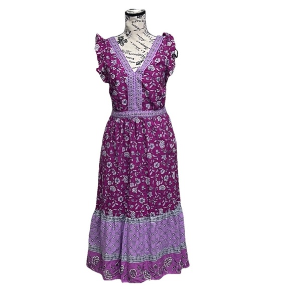 LOFT border Ruffle Midi Pocket Dress Paisley Teired Cottegecore Peasent 2 Boho - Picture 2 of 10